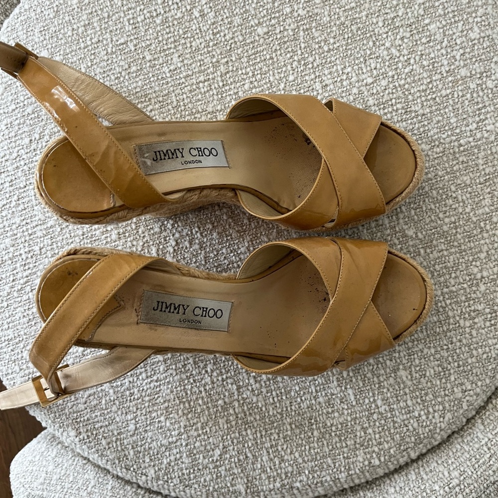 Jimmy Choo Tan Leather Slingback Wedge Sandals